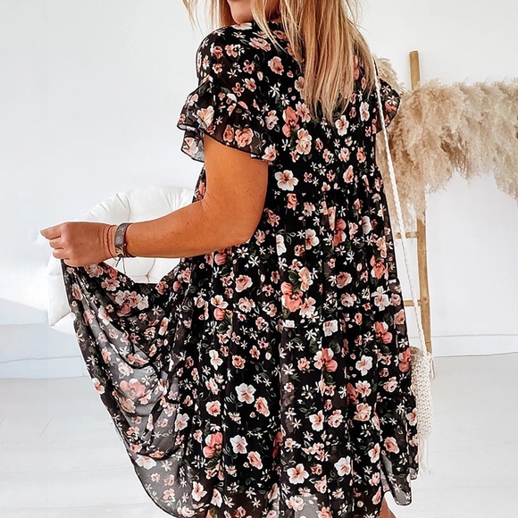 Women's Plus Size Women's Summer O-neck Dress Beach Floral Print Ruffles Casual - Picture 3 of 9